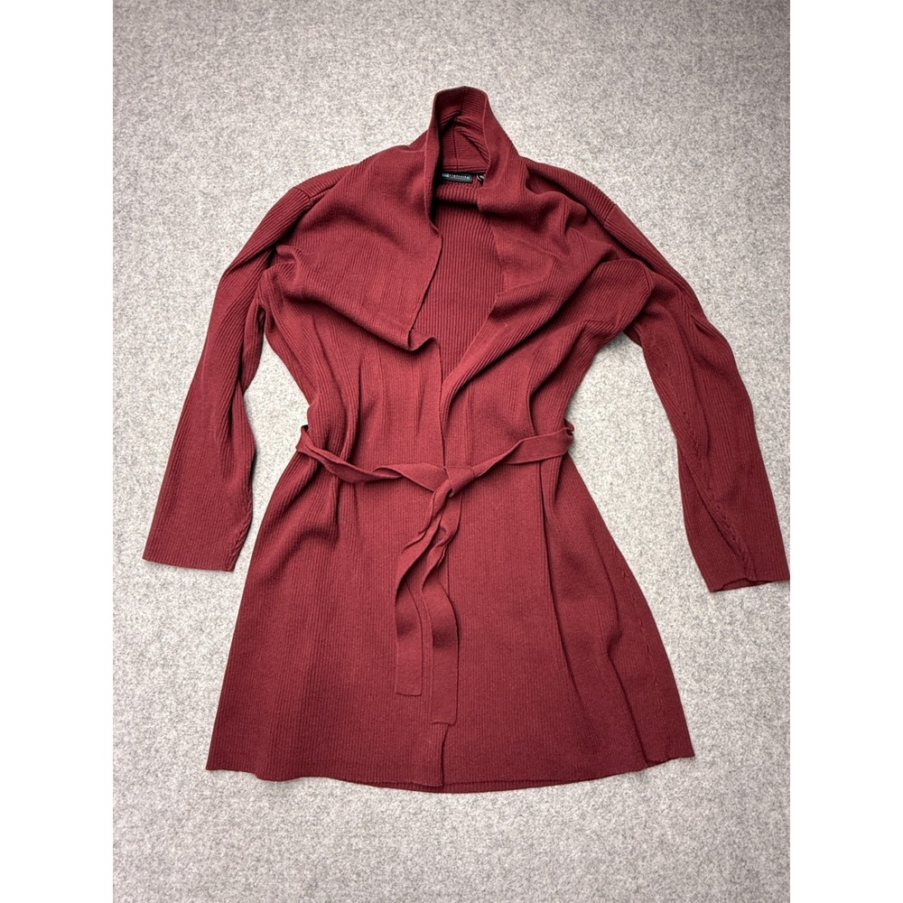Relativity Red Long Cardigan Women's S 2X Belted Shawl Collar Open Front Sweater